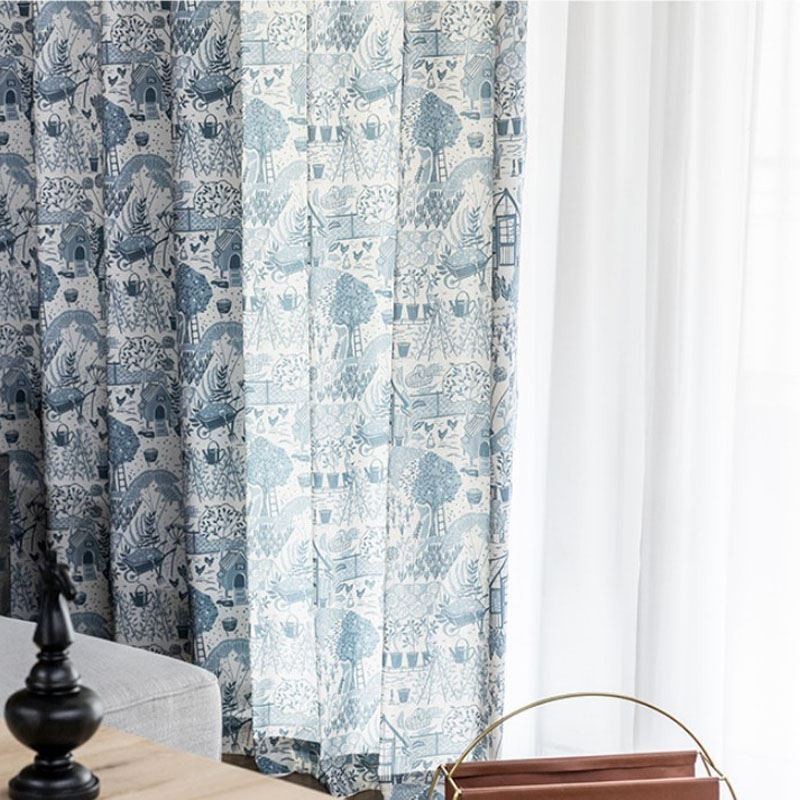 Rural Style Cotton Linen Curtain Made to Measure Curtain Semi Blackout Printed Bedroom Bay Window
