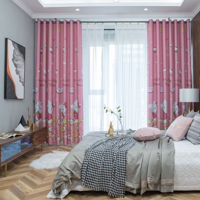 Lovely Blackout Curtains With Kitty Cat Print Fabric Drapes