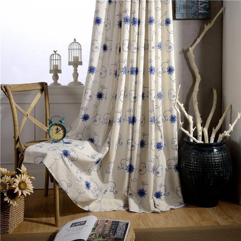 American Simple Curtain Made to Measure Curtain Blue Embroidery Insulated Soft Cotton Linen Fabric
