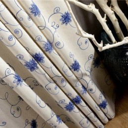 American Simple Curtain Made to Measure Curtain Blue Embroidery Insulated Soft Cotton Linen Fabric