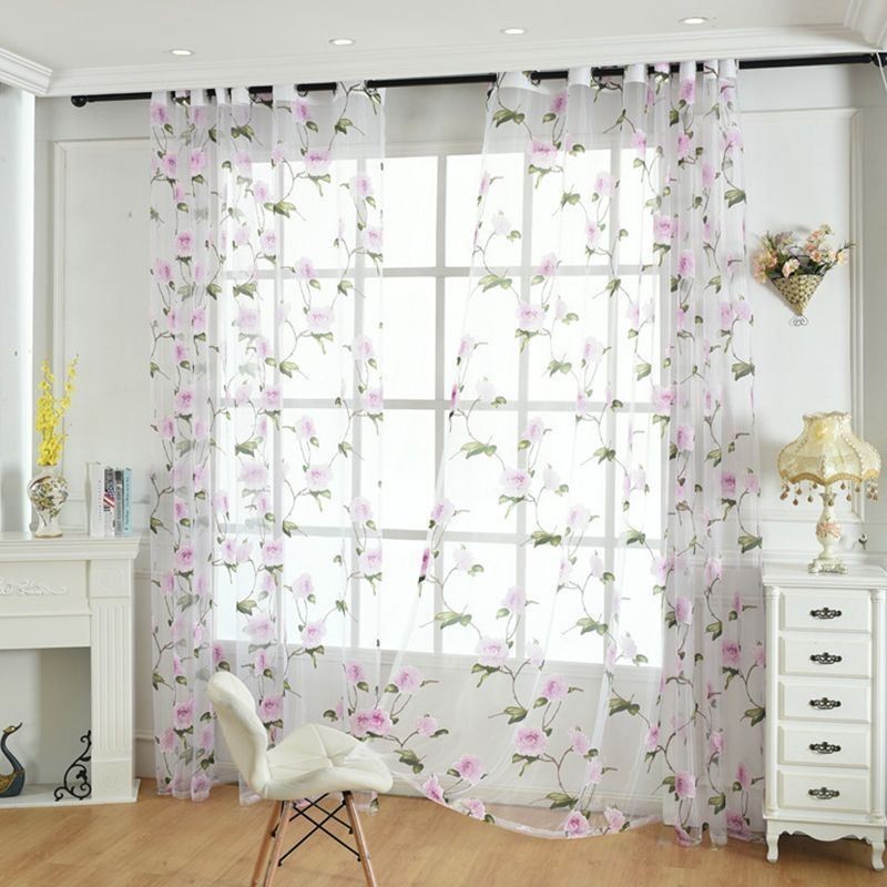 Floral Sheer Window Curtains Tulle Drapery Home Decor Room Divider