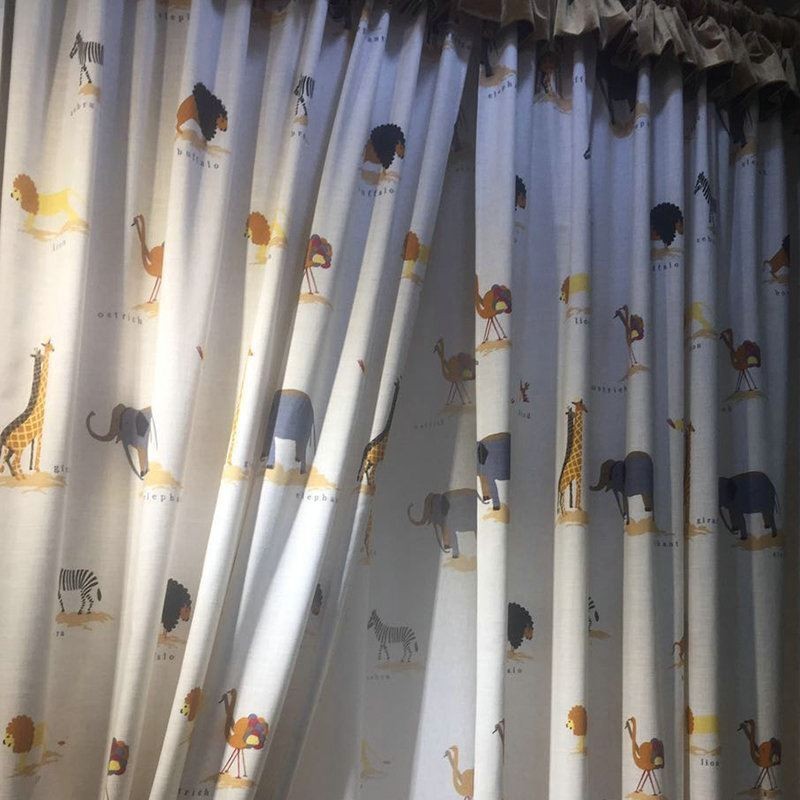 Beige Cartoon Pattern Curtain Made to Measure Curtain Lion Giraffe Elephant Children’s Room Curtains