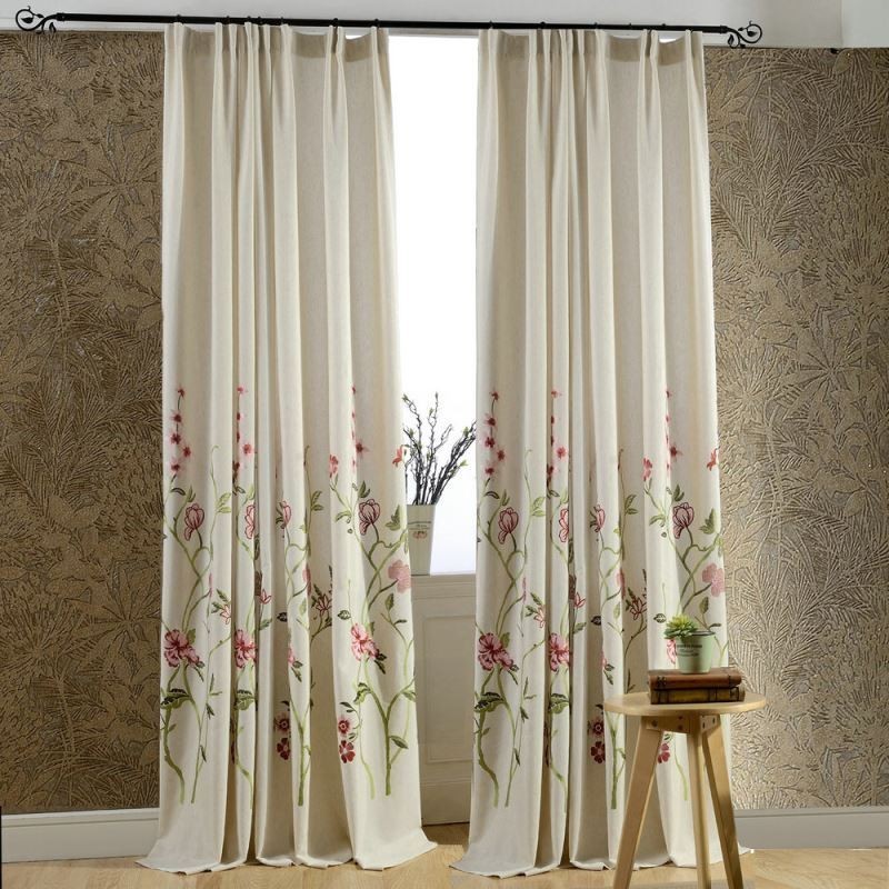 Modern Linen Blackout Curtain Made to Measure Curtain Minimalist Red Flower Embroidered