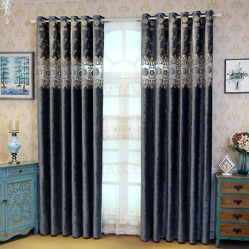 Semi Blackout Curtain Made to Measure Curtain Chinese Style Twill Velvet Embroidery For Living Room Bedroom