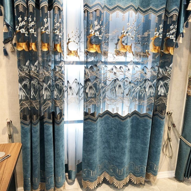 Nordic Chenille Curtains Fawn Embroidery Semi Blackout For Living Room Bedroom