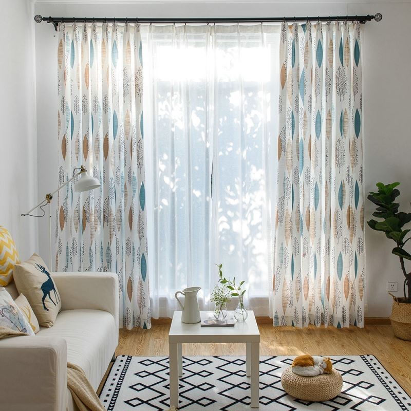 Contrast Color Room Darkening Curtain Made to Measure Curtain Environmental Protection Leaf Printing Blackout