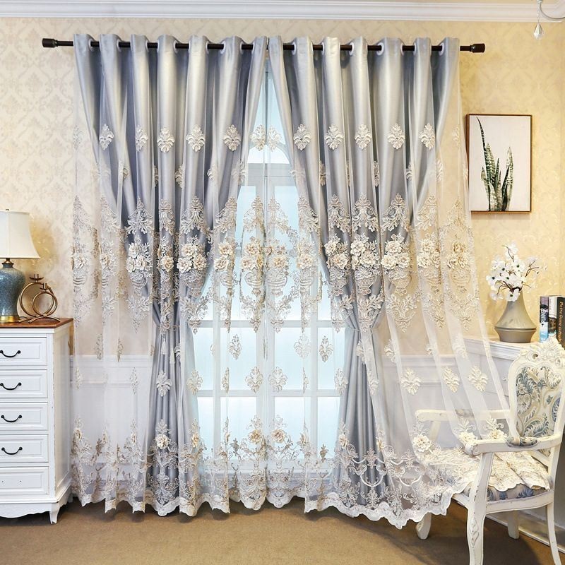Blackout Curtains European Style Floral Embroidery Cloth And Sheer Integrated
