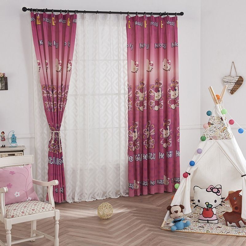 Cotton Blackout Curtains Kids Style Kitty Cat Printed For Living Room Bedroom