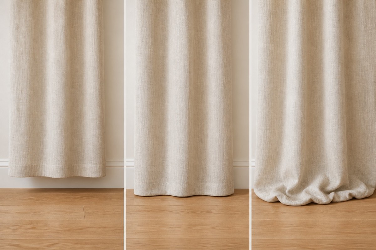 Real linen curtain hems floating above, kissing and puddling on the floor