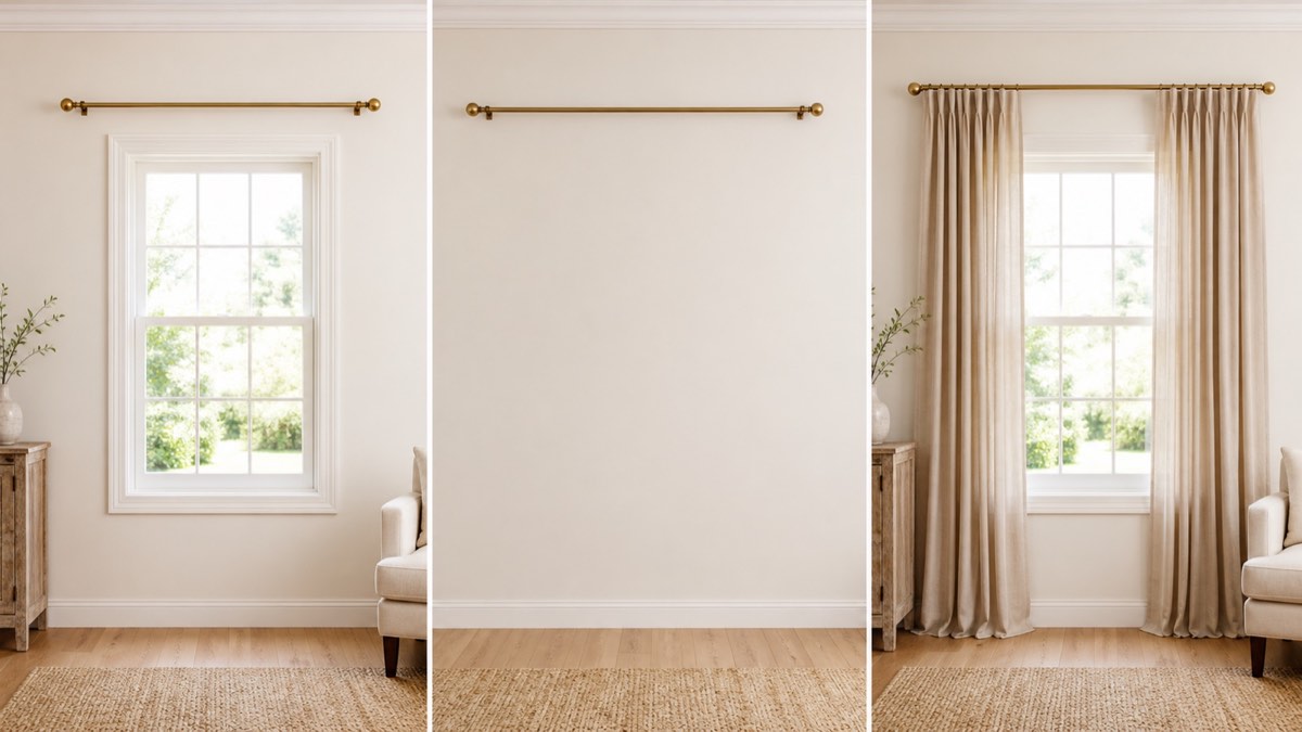 Real window showing rod placement, usable span and finished curtains